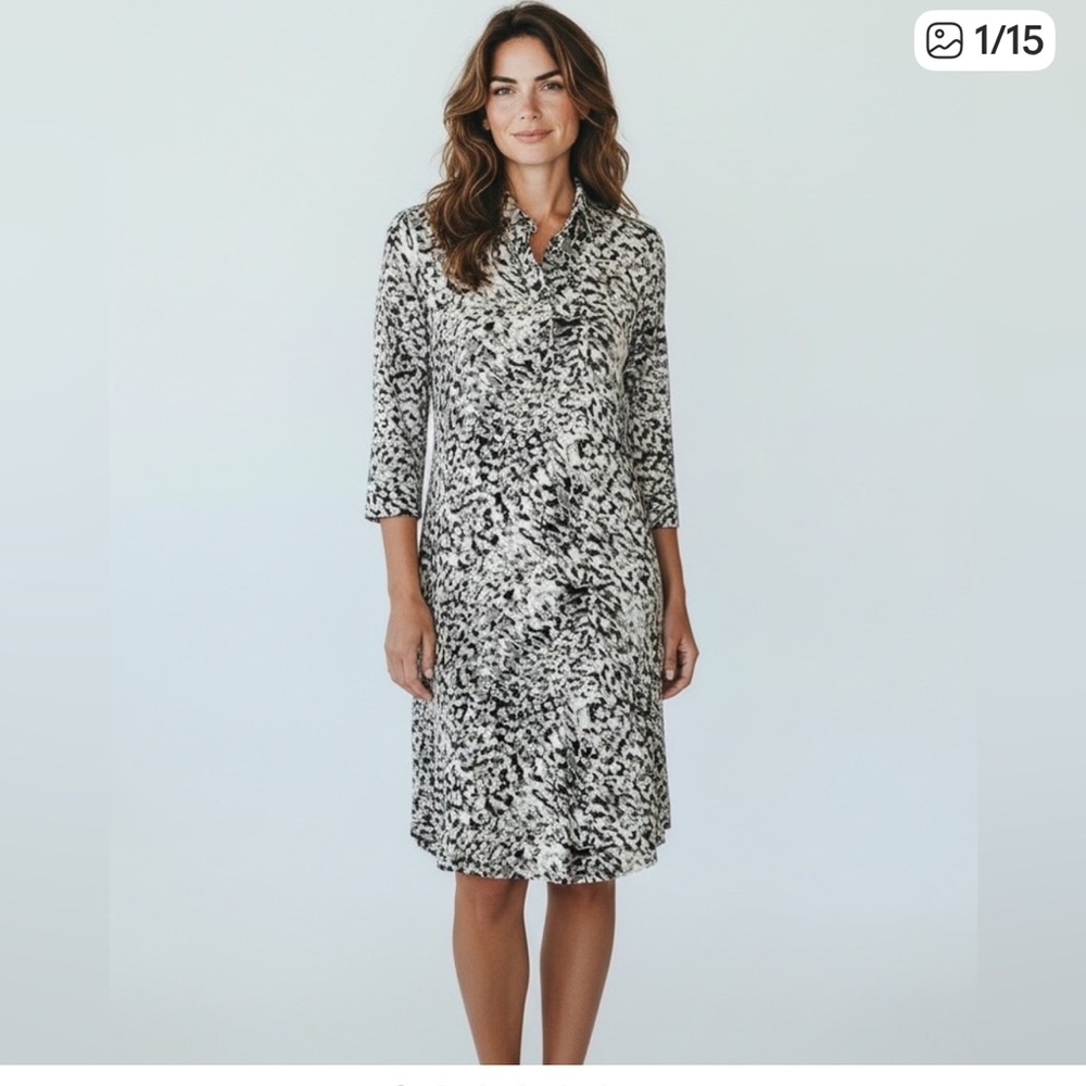 CAbi Black and White Abstract Print Jersey Knit 3/4 Sleeve Shirt Dress M - Picture 2 of 13